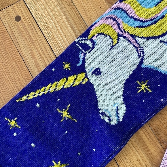 Unicorn Women Teen Winter Acrylic Knit Scarf Fringe Rainbow 66" Blue Large Size - Picture 3 of 4